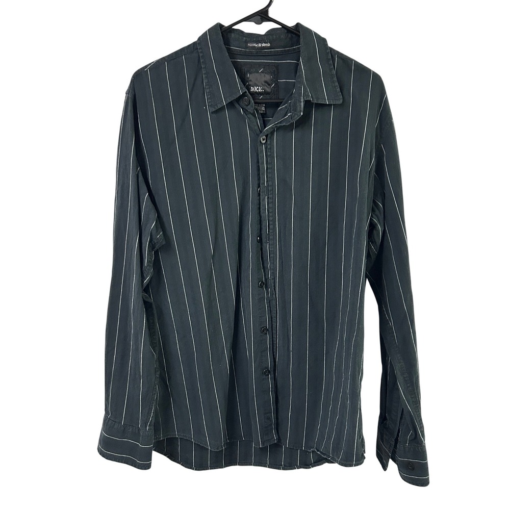 BKE Pinstripe Button Down Shirt Large Black White Athletic Fit Grunge Goth Emo